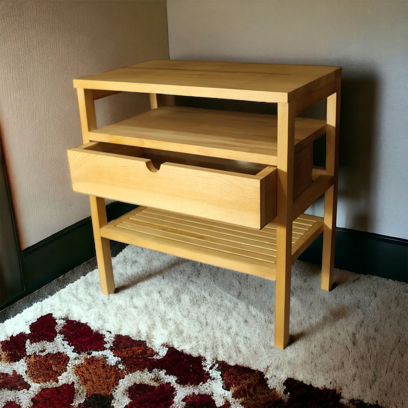 Retro Stil Çekmeceli Doğal Ahşap Komodin Tek Çekmeceli