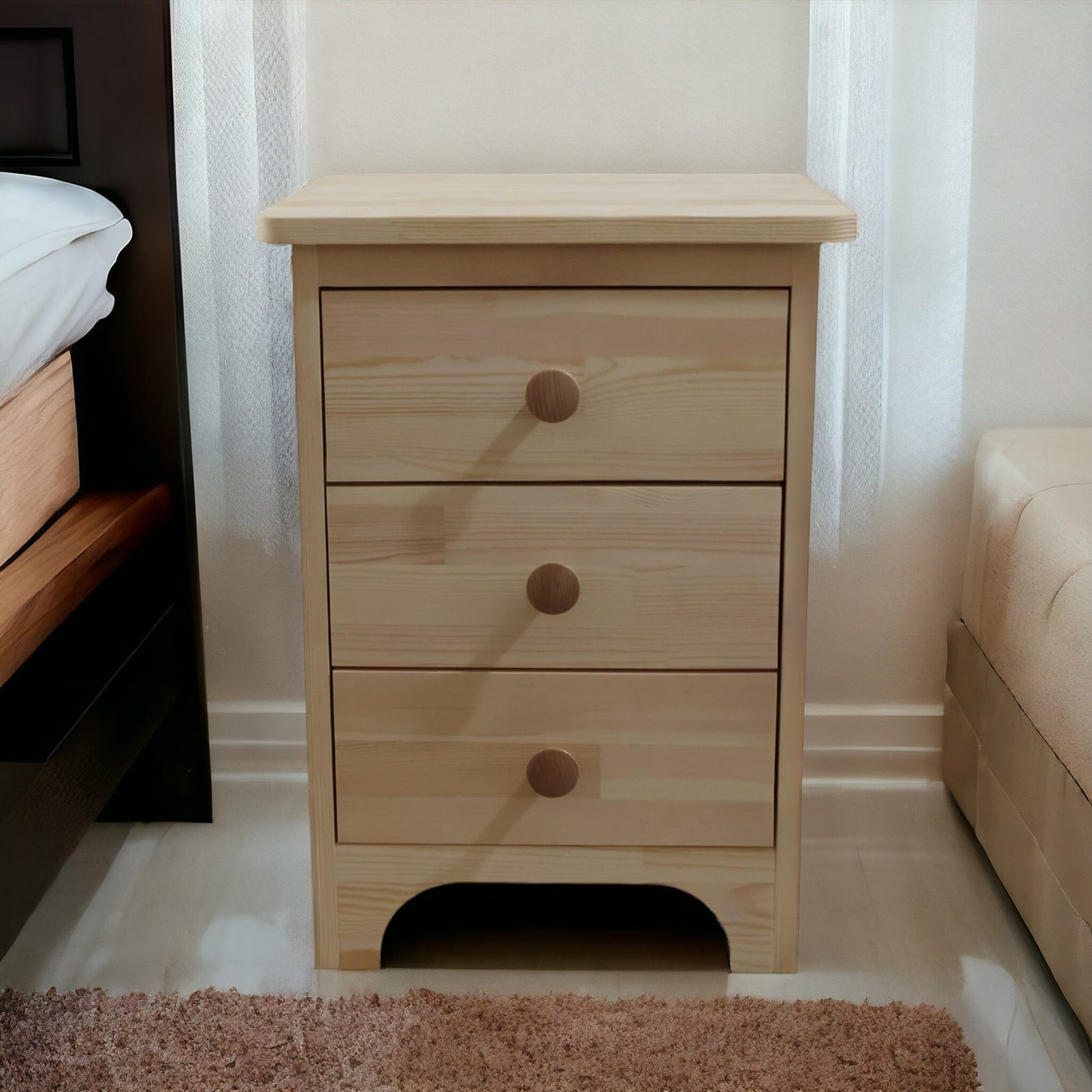 Modern Doğal Ahşap 3 Çekmeceli Komodin 1. sınıf Masif Çam Ağacı 35x35x55