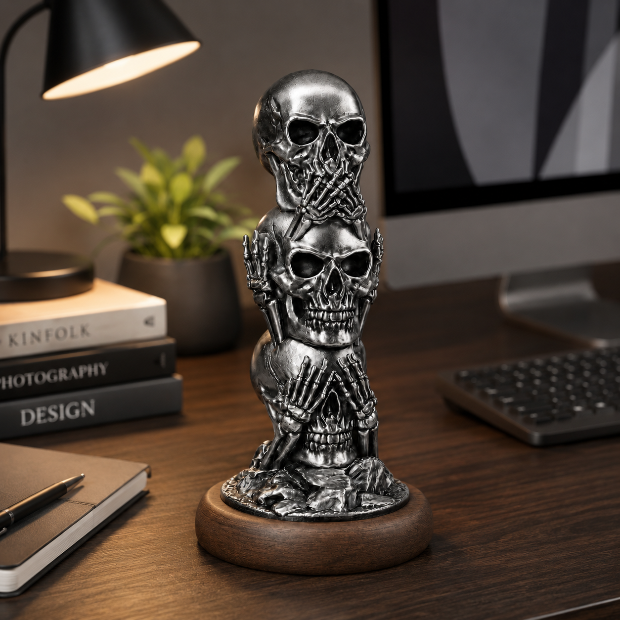 Anthracite Skull Totem Üç Kurukafa Görmedim, Duymadım, Bilmiyorum Dekoratif Biblo 20x12cm