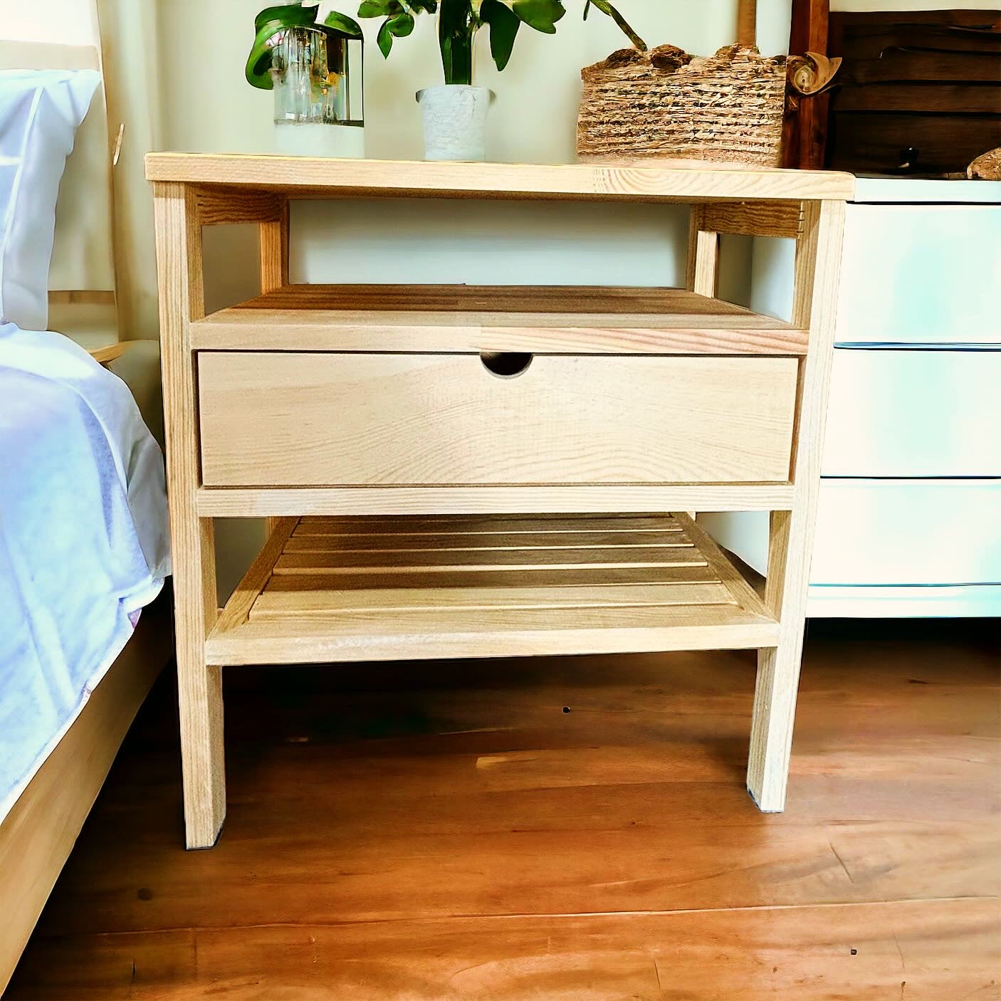 Retro Stil Çekmeceli Doğal Ahşap Komodin Tek Çekmeceli