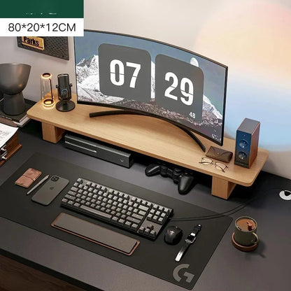 Modern Ceviz Rengi Bilgisayara Masası Monitör Ve Laptop Standı. Aksesuarlar Ve Monitör Görseldir