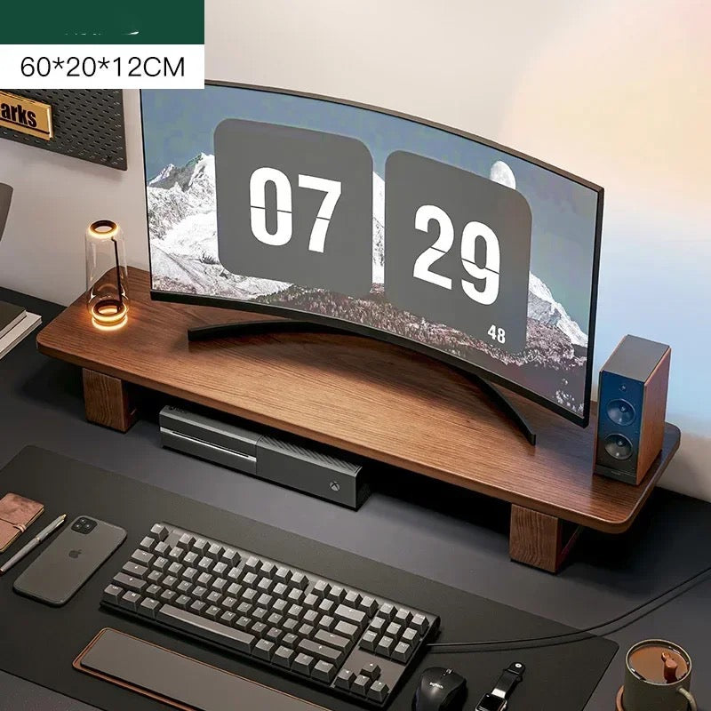 Modern Ceviz Rengi Bilgisayara Masası Monitör Ve Laptop Standı. Aksesuarlar Ve Monitör Görseldir