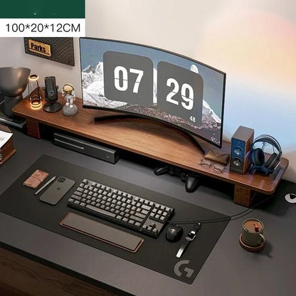 Modern Ceviz Rengi Bilgisayara Masası Monitör Ve Laptop Standı. Aksesuarlar Ve Monitör Görseldir