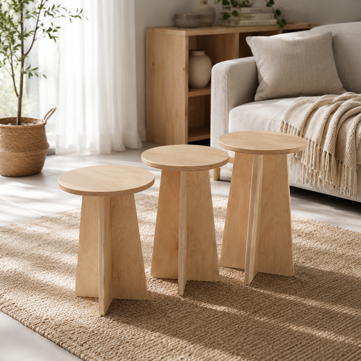 Minimalist yuvarlak ahşap yan sehpa seti