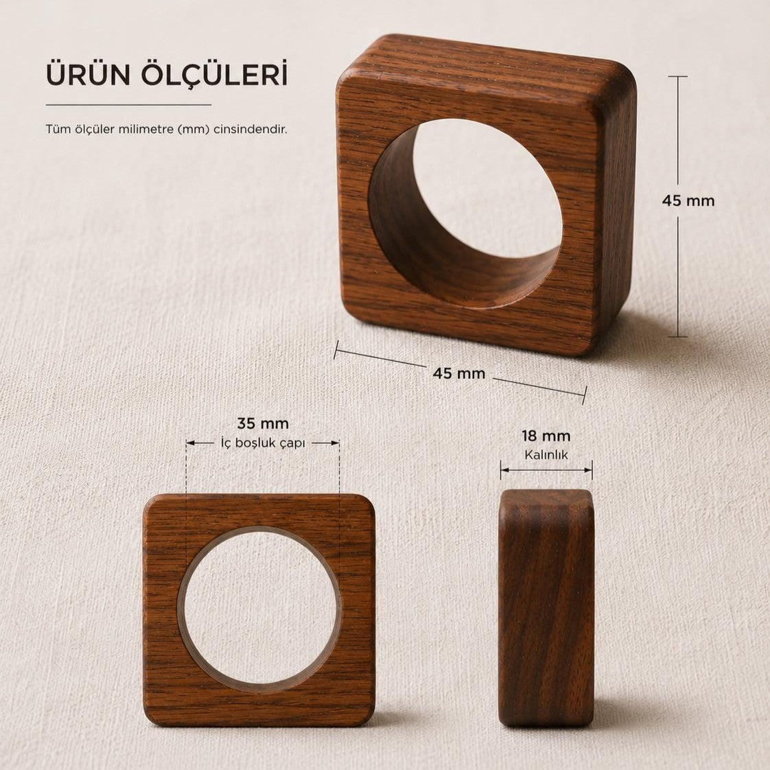 45 × 45 mm Forma peçete halkası ölçüleri