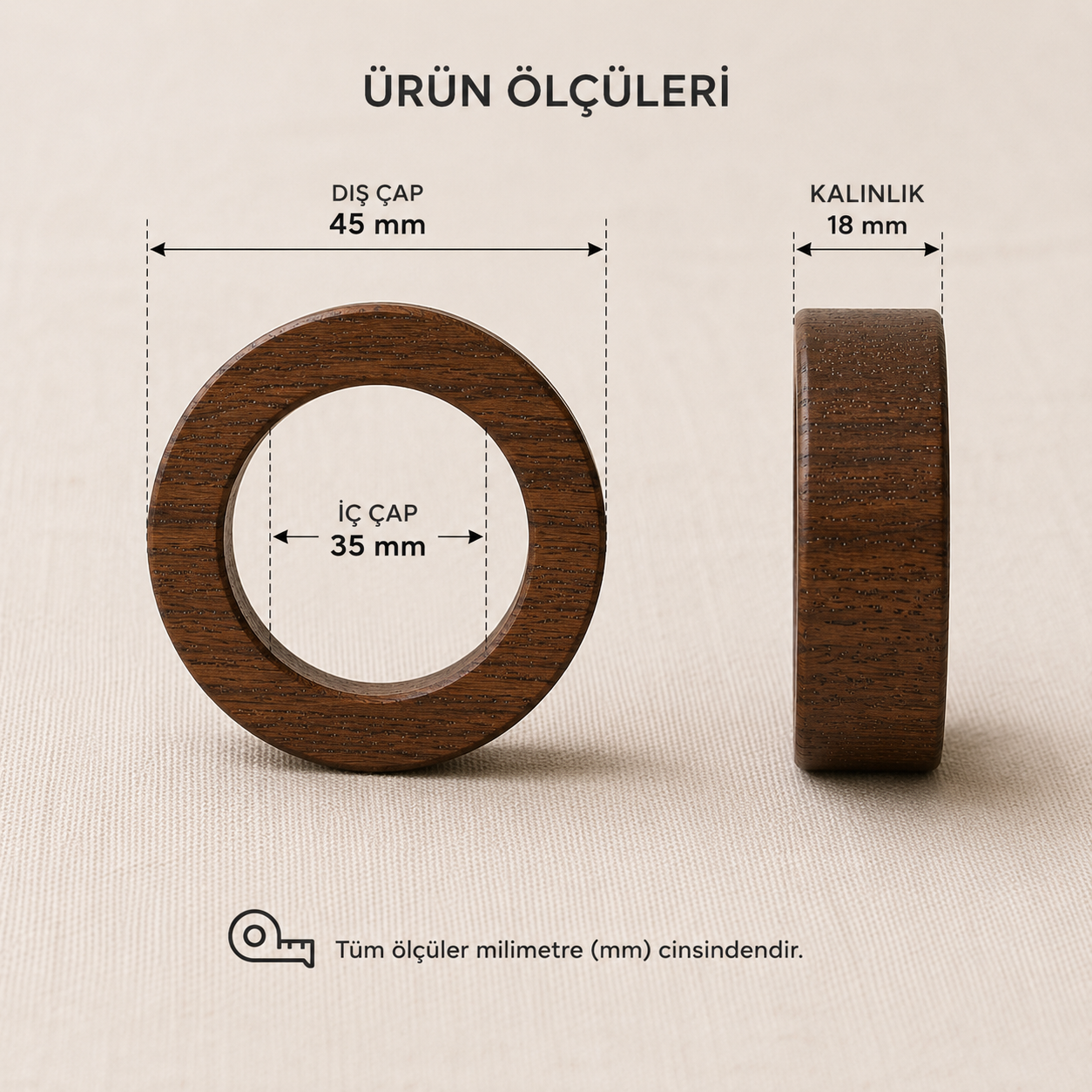 45 mm dış çaplı ahşap peçete halkası