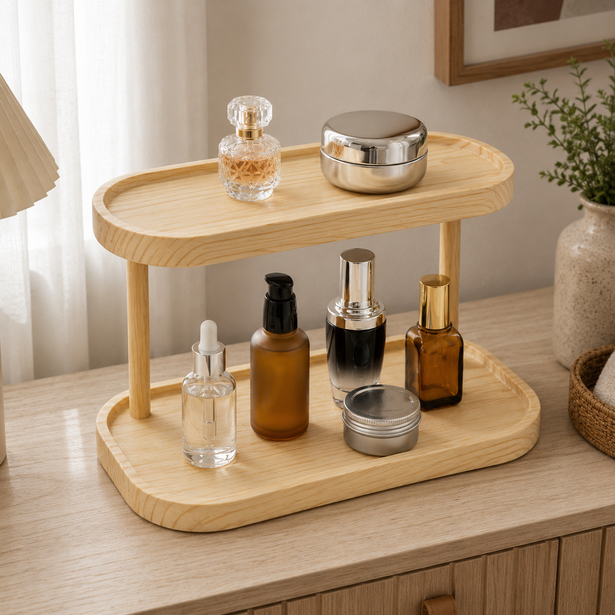 Mat ceviz renkli iki katlı ahşap organizer standı
