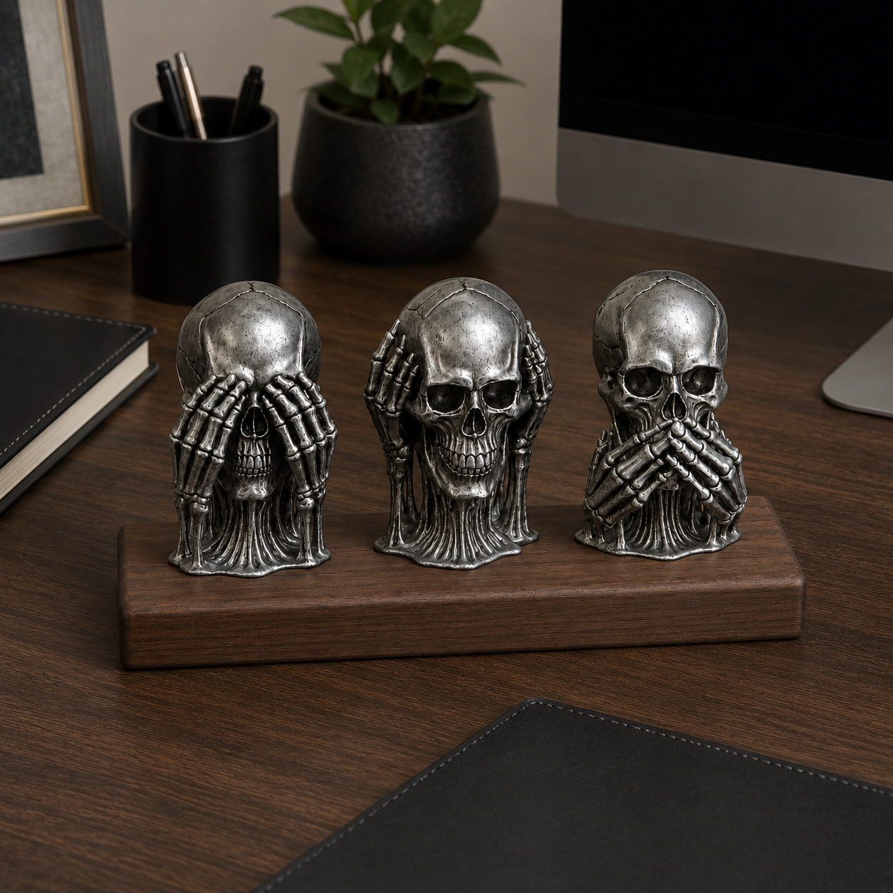 Silver Silence Skull Trio Kurukafa Görmedim, Duymadım, Bilmiyorum Masa Üstü Dekoratif Biblo