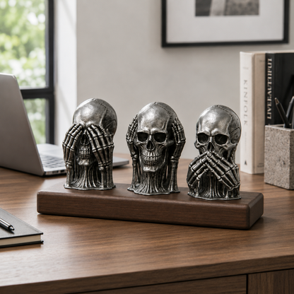 Silver Silence Skull Trio Kurukafa Görmedim, Duymadım, Bilmiyorum Masa Üstü Dekoratif Biblo
