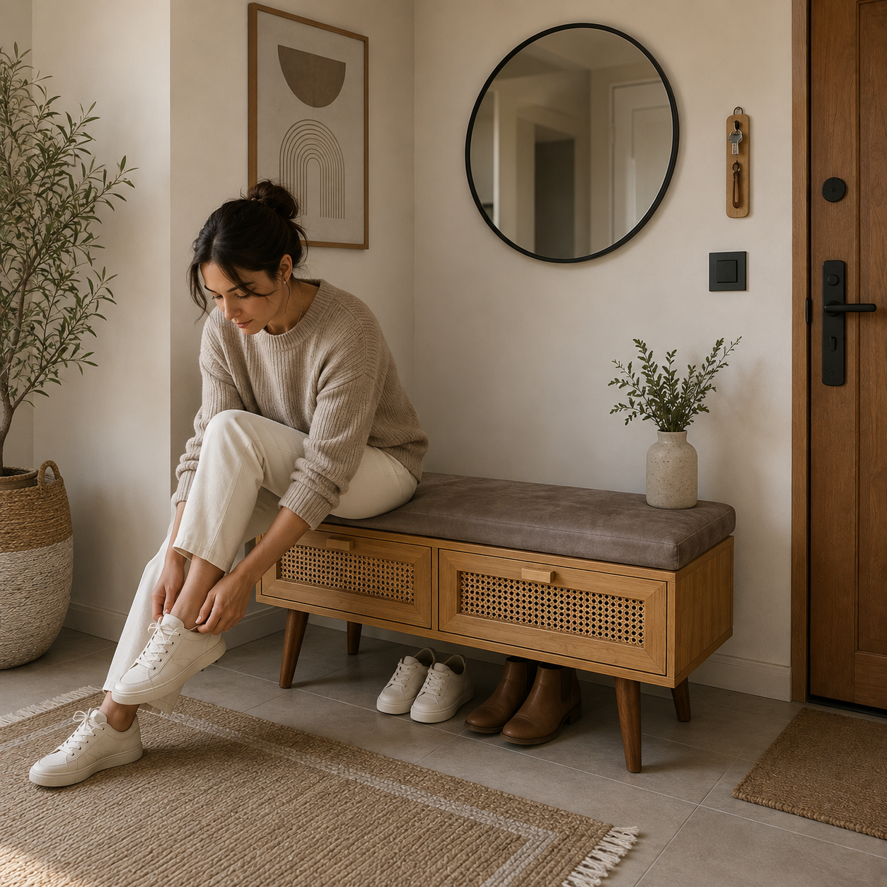 Rattan çekmeceli masif ahşap ayakkabılık