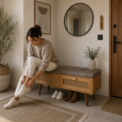 Rattan çekmeceli masif ahşap ayakkabılık
